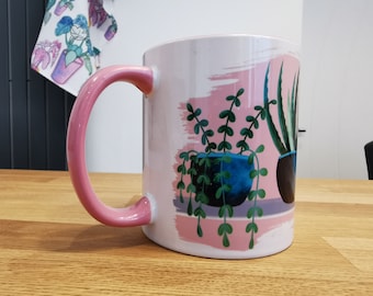 House plant mug, aloe Vera plant mug, spider plant mug, plant obsessed gift, gardeners gift, housewarming mug gift, plant lady, pink mug