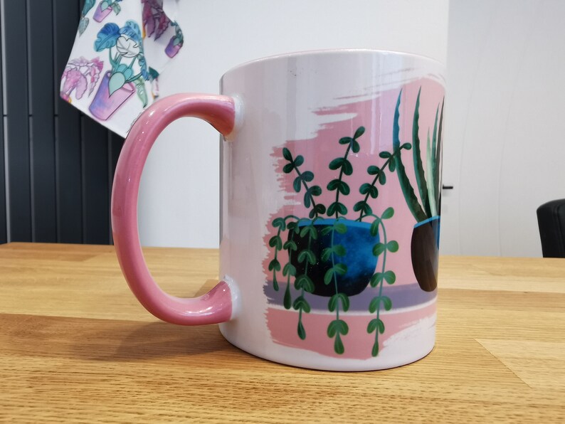 House plant mug, aloe Vera plant mug, spider plant mug, plant obsessed gift, gardeners gift, housewarming mug gift, plant lady, pink mug image 1