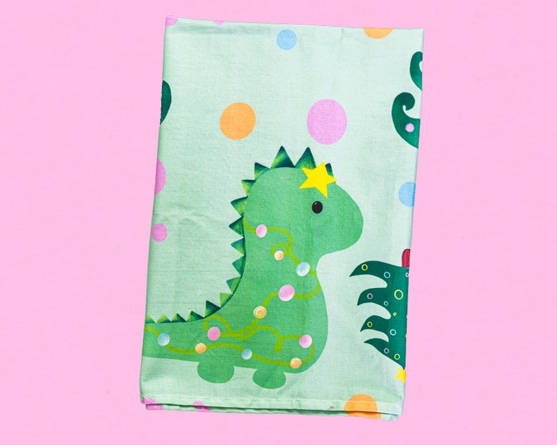 Christmas dinosaur dish towel, fun festive dinosaur kitchenware, green dish cloth, dinosaur letter box gift, dinosaur stocking filler, image 7