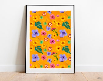 Bright pressed flower digital art print, purple and pink wild flowers, living room wall art, pretty flower poster, botanical themed room