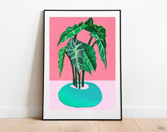 House plant poster, elephants ear plant, botanical wall art, house plant gift, crazy plant lady, paper cut digital plant art, bright plants