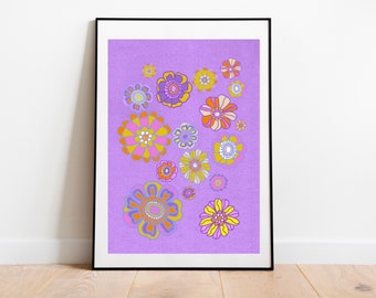 Sixties style lilac flower digital art print, purple & pink flowers, living room wall art, pretty flower poster, botanical themed room