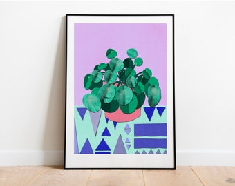 Pilea house plant art print, geometric print, bright botanical wall art, house warming plant gift, new home plant, house plant wall print