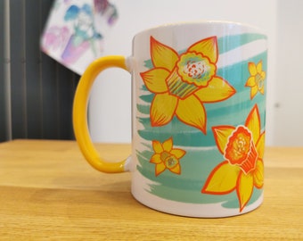 Yellow daffodil mug, Welsh Daffodil gift, botanical mug, flower china mug, yellow nature mug, St Davids day gift, Cymru gift, colourful mug