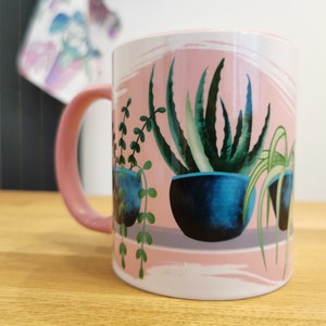 House plant mug, aloe Vera plant mug, spider plant mug, plant obsessed gift, gardeners gift, housewarming mug gift, plant lady, pink mug image 2