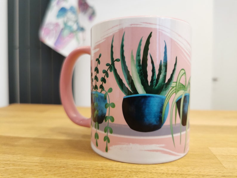 House plant mug, aloe Vera plant mug, spider plant mug, plant obsessed gift, gardeners gift, housewarming mug gift, plant lady, pink mug image 2