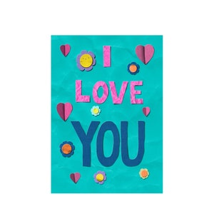 Je t'aime, carte de Saint-Valentin, jolie carte d'anniversaire, carte rose et bleue aux couleurs vives, carte de style papier découpé, carte de voeux colorée