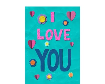 I love you cute anniversary card, brightly coloured pink and blue card, paper cut style card, colourful greeting card, just because card