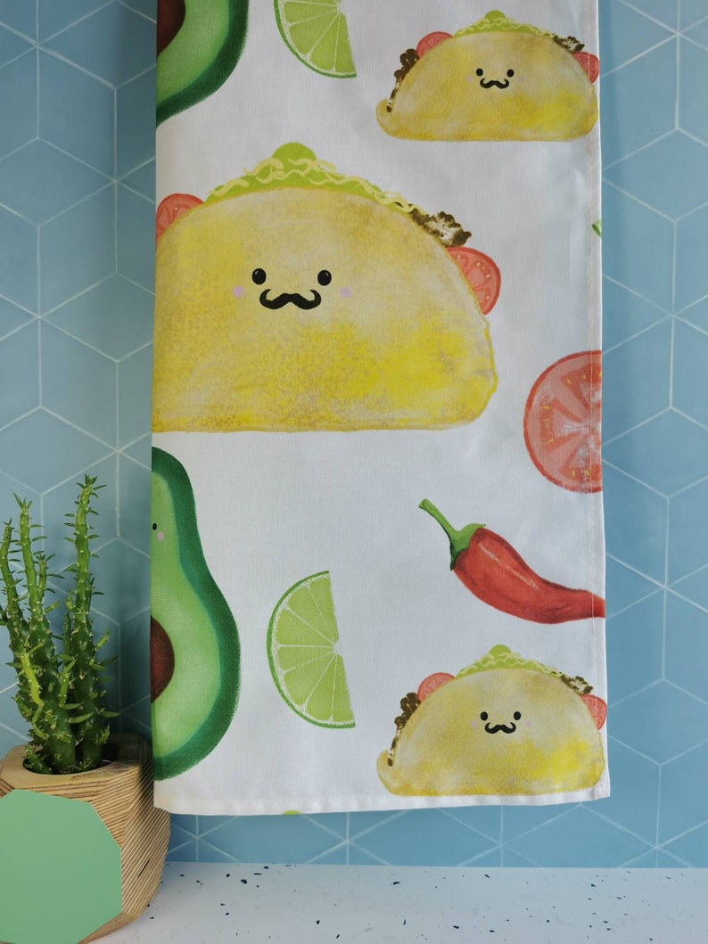 Mexican Taco dish towel, avocado dish towel, Fiesta party tea towel, secret Santa taco gift, chilli tea towel, taco illustration, funny food image 1