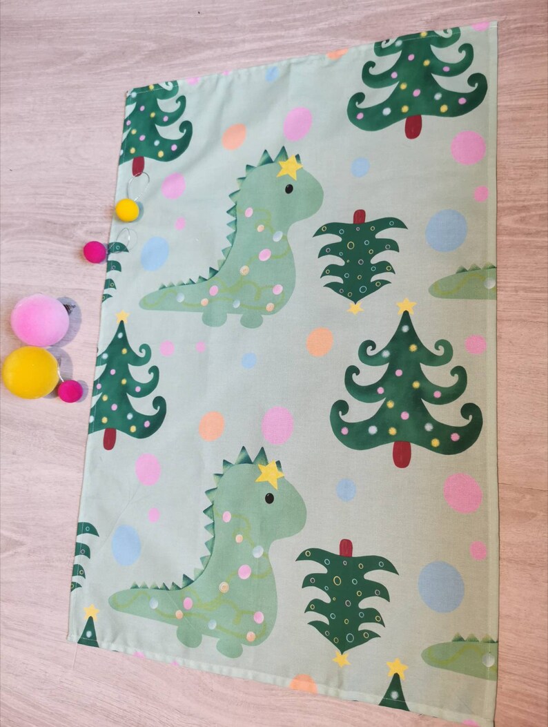Christmas dinosaur dish towel, fun festive dinosaur kitchenware, green dish cloth, dinosaur letter box gift, dinosaur stocking filler, image 5