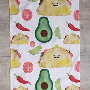 Mexican Taco dish towel, avocado dish towel, Fiesta party tea towel, secret Santa taco gift, chilli tea towel, taco illustration, funny food image 3