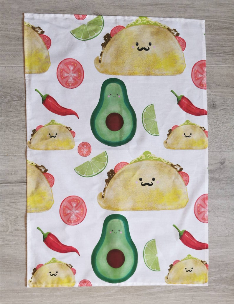 Mexican Taco dish towel, avocado dish towel, Fiesta party tea towel, secret Santa taco gift, chilli tea towel, taco illustration, funny food image 3