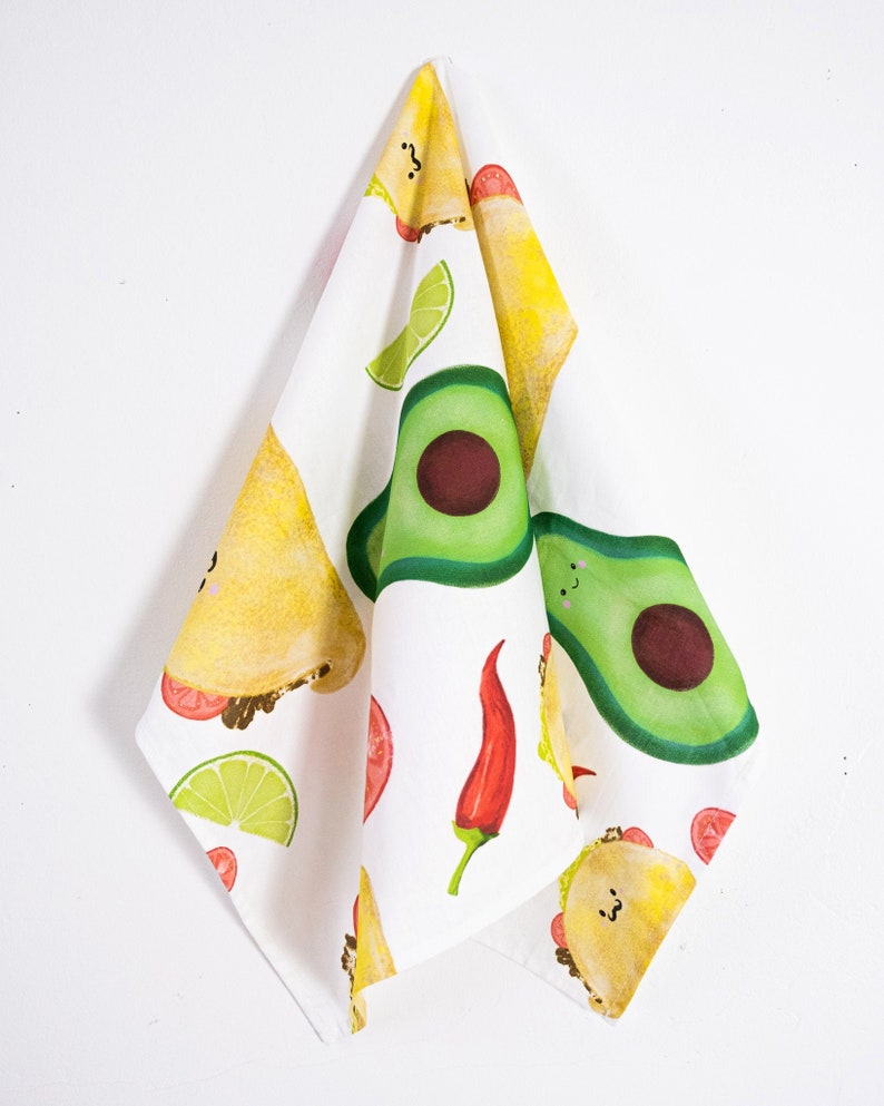 Mexican Taco dish towel, avocado dish towel, Fiesta party tea towel, secret Santa taco gift, chilli tea towel, taco illustration, funny food image 2