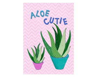 Aloe Vera anniversary funny card, aloe cutie plant themed card, pink plant lover card, love in the post, colourful greeting cards,