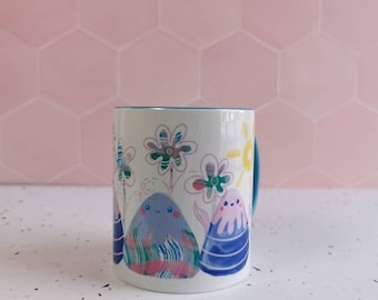 Cute pastel mountain mug, walkers mug, hiking gift, van life mug, nature ceramic mug, botanical flower mug, kawaii design, mountain climbing