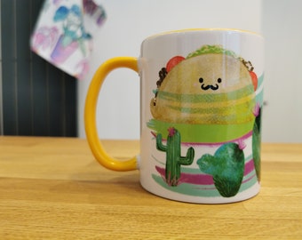 Mexican taco mug, coffee lover secret santa gift, succulent and cacti mug, yellow mug, funny food mug, novelty taco mug, coffee lover gift