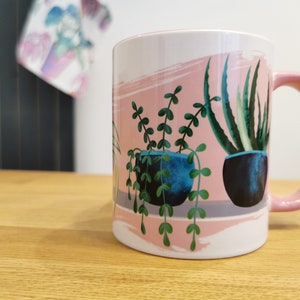 House plant mug, aloe Vera plant mug, spider plant mug, plant obsessed gift, gardeners gift, housewarming mug gift, plant lady, pink mug image 4