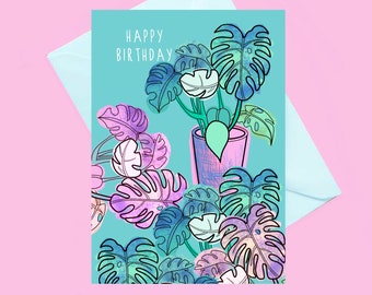 Monstera plant happy birthday card, jungle leaf card, botanical pink leaves, house plant birthday card, house plant illustration, birthday