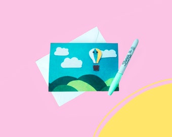 Hot air balloon blank greeting card, birthday card, balloon card anniversary card, balloon card, landscape card, outdoors