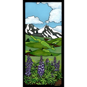 May include: A painting of a mountain range with snow-capped peaks, green hills, and a field of purple lupine flowers in the foreground.