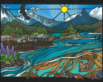 May include: A vibrant painting depicting a coastal scene with houses on stilts, mountains, and a radiant sun. An eagle and seagulls soar in the sky. The water includes an otter, kelp, and starfish. The artwork is in a stained-glass style.