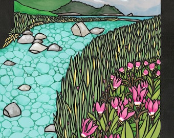 May include: A watercolour painting of a river flowing through a green valley with a snow-capped mountain in the background. Pink flowers bloom along the riverbank.