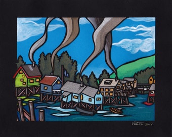 May include: A vibrant painting depicting a coastal village with houses on stilts, smoke billowing from chimneys, and boats on the water. The houses are brightly coloured, set against a blue sky and green hills. The artwork is signed "Vation 2014".