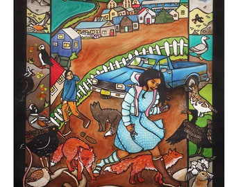 May include: A watercolour painting depicting a girl walking along a street in a small town. She is wearing a blue dress and a pink jacket. There are houses and a truck in the background. The painting also features a variety of animals, including foxes, birds, and a dog.