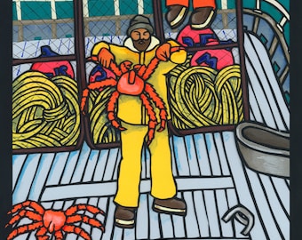 May include: A man in a yellow jumpsuit holds a large red crab with long, spiky legs. He is standing on a wooden deck with a pile of rope and a crate of red crabs in the foreground. A man in orange overalls is sitting on a railing above the deck.