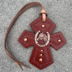 Western Saddle Cross ~ Brown Leather Horseshoe Diamond concho~ ties for Saddle or Rear View Mirror