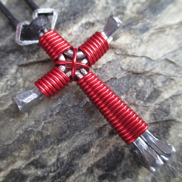 Valentine GIFTS CROSS Necklaces - Handmade of 4 Horseshoe nails  ~adjustable cords-**Lots of colors to choose from, solid or mixed