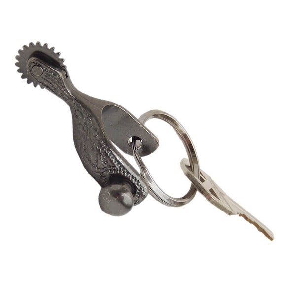 WESTERN SPUR KEYRING --Gun Metal ~ Gold ~ Silver Plated Engraved Spur Key-chain – Movable Rowel ~ Free Shipping on 35.00