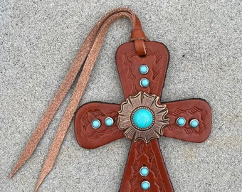 Western Saddle Cross ~ Leather with Turquoise concho~ and  ties for Saddle or Rear View Mirror, Horse Love Gift