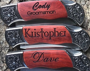 Personalized Pocket Knife Groomsmen Gift, Laser Engraved Wood Hunting Knife, Customized Bachelor Party Camping Knife Favor