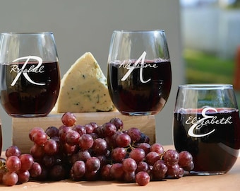 Customized Bridesmaid Stemless Wine Glasses, Personalized Bridesmaid Gift, Bachelorette Party Gift, Etched Wedding Wine Glasses
