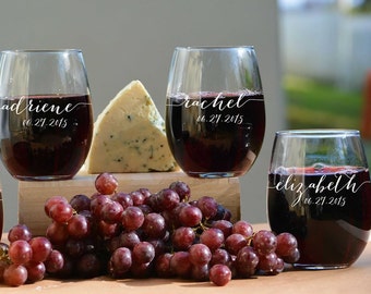 Personalized Stemless Wine Glasses, Customized Bridesmaids Gifts, Wedding Party Engraved Bridesmaid Wine Glasses