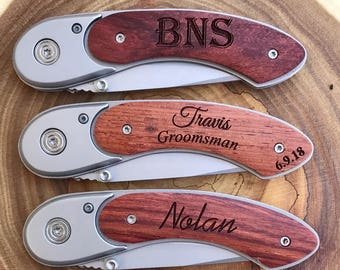 Personalized Groomsmen Gift, Customized Pocket Knife, Engraved Groomsmen Knife, Groomsmen Favor, Wedding Party Gift, Wood Hunting Knife
