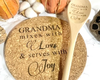 Mothers Day Gift 2024, Personalized Gift for Grandma, Wood Mixing Spoon, Grammy Gift, Wood Spoon, Grandma Birthday, Spoon & Cork Trivet