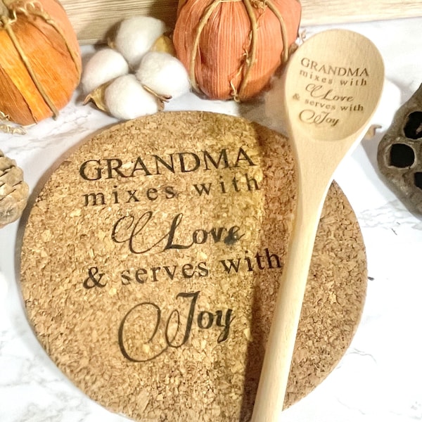 Mothers Day Gift 2024, Personalized Gift for Grandma, Wood Mixing Spoon, Grammy Gift, Wood Spoon, Grandma Birthday, Spoon & Cork Trivet