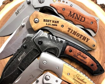 Groomsmen Gift Engraved Pocket Knife, 5th Wedding Anniversary Gift Wood Knife, Personalized Hunting Knife Groom Gift, Husband Fathers Gift