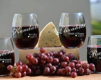 Personalized Wine Glass, Bridesmaid Gift, Custom Stemless Glasses, Bridesmaid Wine Glass, Bridal Party Gift, Wedding Glasses, Stemless Wine