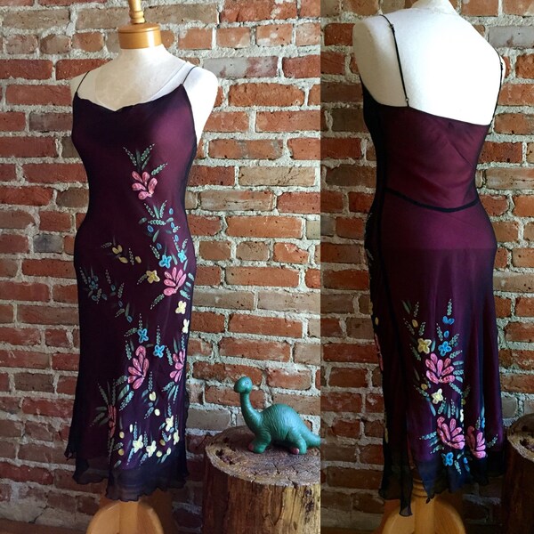 Vintage 1990's Betsey Johnson 100% Silk Slip Dress, Hand Painted With Sequin Flowers