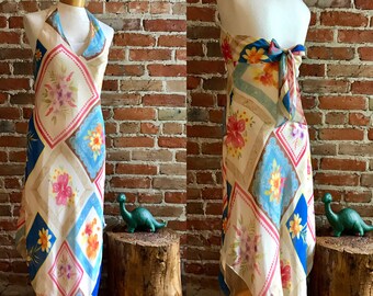 Vintage 1990's Laundry Shelli Segal All Silk Halter Slip Handkerchief Hem Boho Dress, Floral Print, Hippie Couture, Bohemian