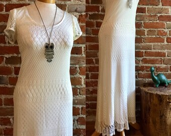 Vintage Cream Crochet Maxi/Floor Length Dress, 1990&#39;s Boho, Hippie, Made in USA, Size 4, Casual Wedding Dress, Beach Wedding