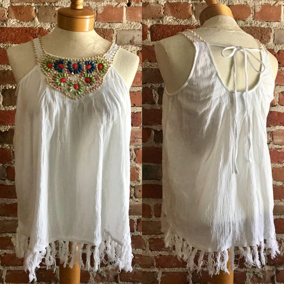 Vintage Fringed & Beaded Lightweight Boho Tank, Fe