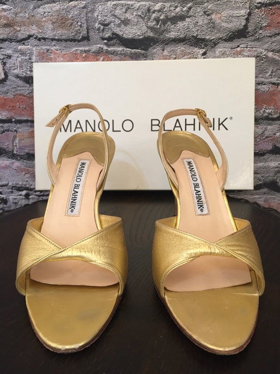 Vintage Manolo Blahnik Metallic Gold Sling Back S… - image 3