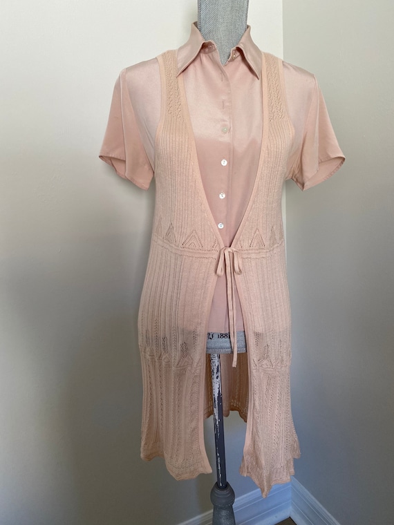 Curated Blush Silk Blouse & Knit Long Vest size Sm