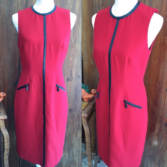 Women's Vintage Cheeta B Red Sheath Dress With Black Leather Trim, Size 6