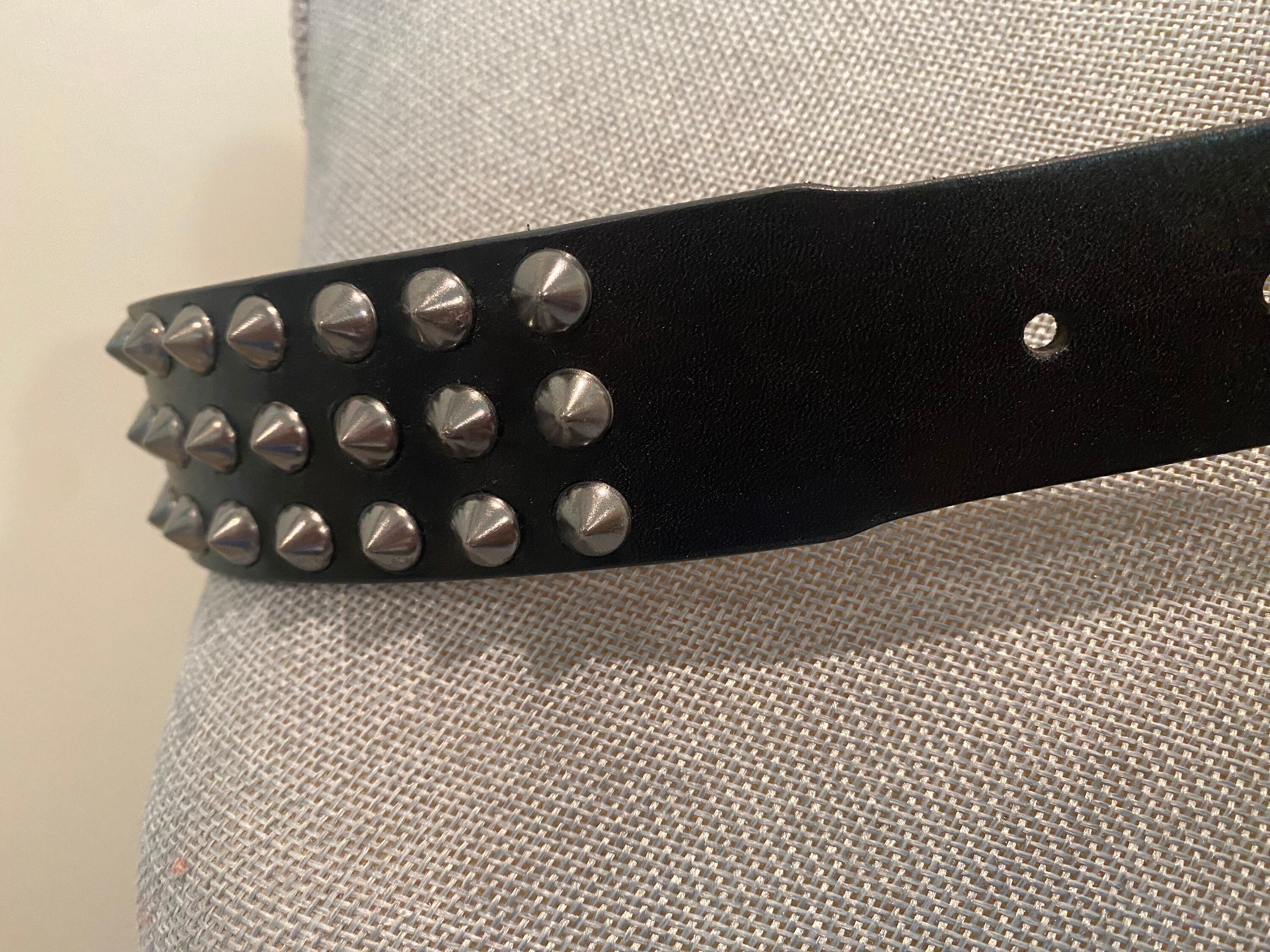 Vintage Burberry Studded Black Leather Belt, Gun Metal Buckle and