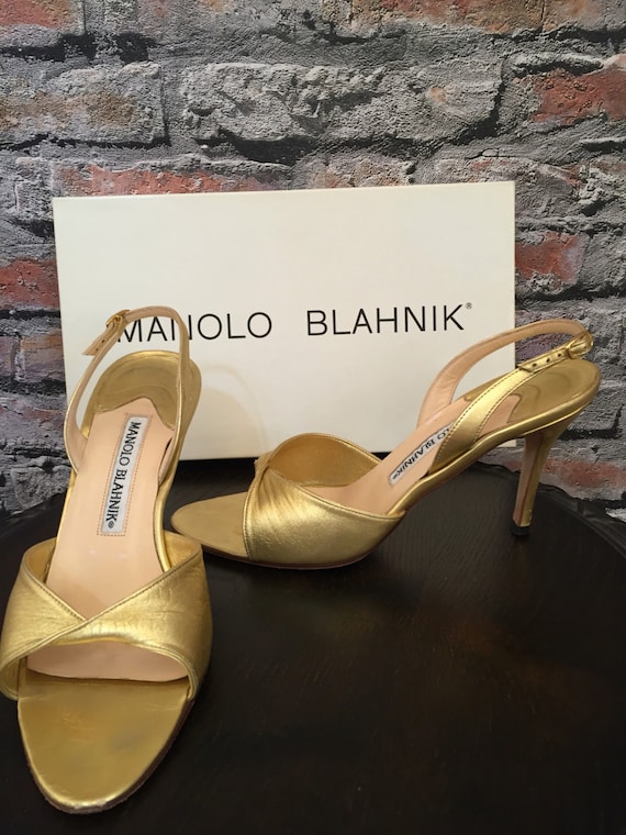 Vintage Manolo Blahnik Metallic Gold Sling Back S… - image 2